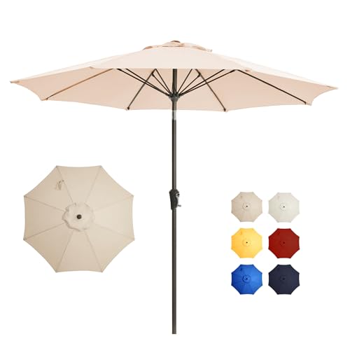 9FT Large Outdoor Patio Umbrella Pool Market Umbrella-UV Resistant, Easy Push Button Tilt and Crank, 8 Sturdy Ribs Heavy-Duty Table Umbrella for Deck, Backyard,Garden (Beige) - color: Beige, size: 9 FT