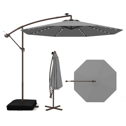 Tangkula 10FT Offset Patio Umbrella with Base Included, Outdoor Cantilever Umbrella with 40 Solar LED Lights, Tilt Adjustment, Crank Handle, Vented Top, Sand Bags for Pool Yard Deck (Gray) - color: Gray