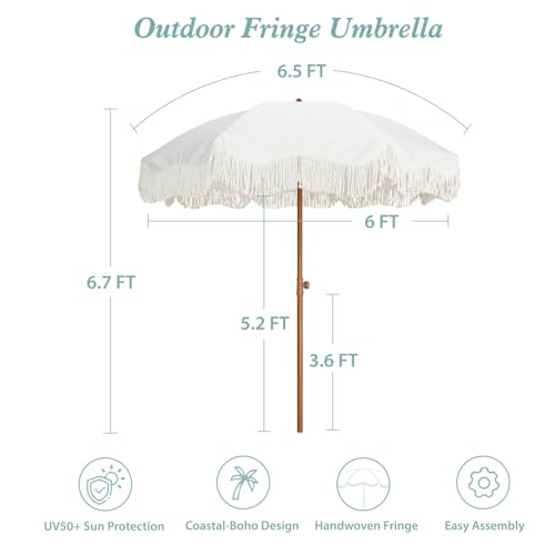 AMMSUN Boho Fringe Umbrella Outdoor Patio, 6.5ft UPF50+ Picnic Umbrella with Tassels with Steel Pole and Push Button Tilt, Antique White - color: Antique White