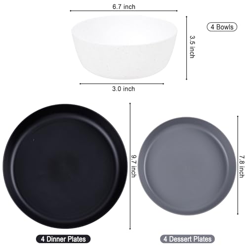 EI 12pcs Wheat Straw Plates,Wheat Straw Dinnerware Set,Plate and Bowls Sets,Plastic Plates Reusable-White,Black,Grey,Dark Grey,Dinner Plate Set of 4 Kitchen,Picnic - color: Black,White,Grey and Dark Grey Wheat Straw Plates and Bowls