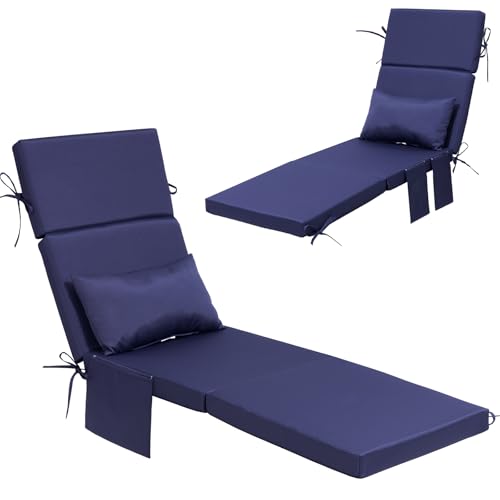 Crestlive Products Foldable Outdoor Chaise Lounge Cushions with Head Pillow and Side Pockets, Water Resistant & Fade Resistant Lounge Chair Cushion, 72''L x 21''W, Navy - color: Navy, size: 72"l X 21"w