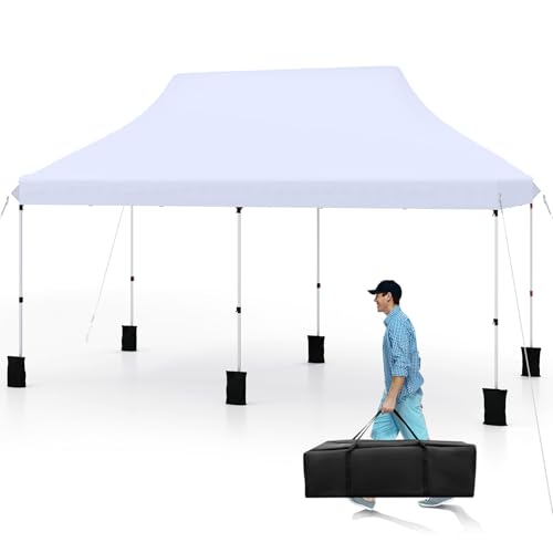 Tangkula 10x20 Ft Pop Up Canopy, Instant Setup Outdoor Tent with 6 Sand Bags, 12 Stakes & 6 Ropes, UPF 50+ Canopy Tent with Carrying Bag for Camp, Beach, Patio (White) - color: White, size: 10x20 Ft