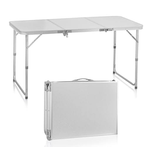 VINGLI White Folding Table with Carrying Handle Height Adjustable Lightweight Portable for Indoor Outdoor Picnic,Camping,Hiking,Fishing,BBQ … (White, 4ft-3 Folds)