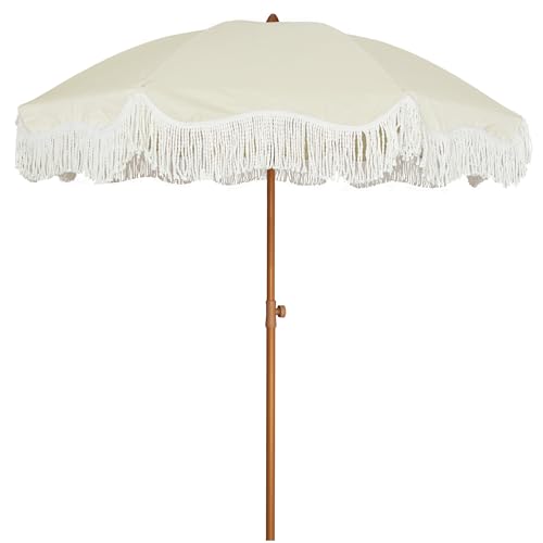 AMMSUN 6.5ft Boho Outdoor Umbrella with Fringe, UPF 50+ Picnic Umbrella with Tassels, Premium Steel Pole and Push Button Tilt, Light Beige - color: Light Beige