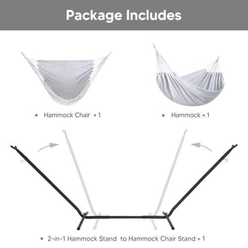 SUNCREAT 2-in-1 Convertible Extra Large Hammocks with Stand, Heavy Duty 2 Person Hammock for Outside with Stand, Patented, Light Gray - color: A-light Gray