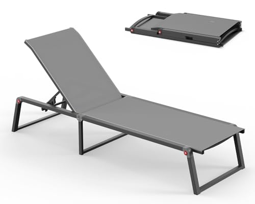 Aluminum Chaise Lounge Chair Outdoor, Foldable& No Assembly Patio Pool Lounge Chairs 5-Position Recliner for Outside, Fully Grounded Legs Sun Lounger for Poolside, Dark Grey - color: Dark Grey, size: 1