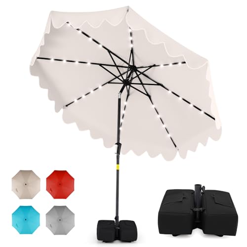 Tangkula 9 FT Solar Patio Umbrella with Base Included, 2-Tiers Outdoor Scalloped Table Umbrella with 32 LED Lights, 2 Sandbags, Tilt Adjustment, Crank, 8 Ribs for Market Backyard Pool Deck Beach Lawn - color: Beige, size: 9 FT