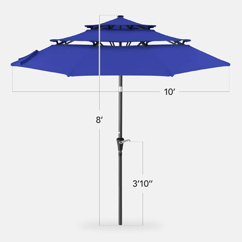 Best Choice Products 10ft 3-Tier Market Patio Umbrella, Outdoor Sun Shade with Tilt, Crank Lift, 8 Ribs for Backyard, Deck, Poolside - color: Resort Blue