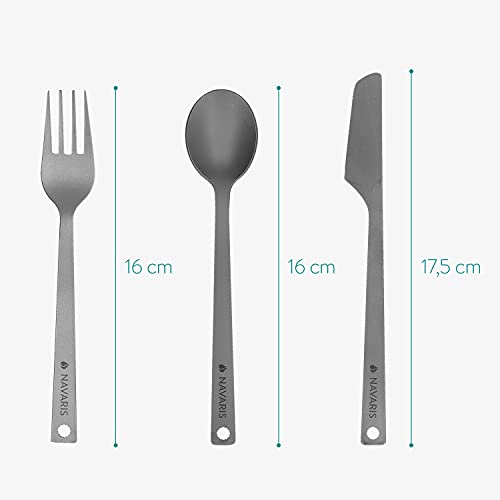 Navaris Titanium Camping Cutlery Set - Lightweight Camping Utensils for One - Knife, Fork and Spoon with Carabiner Clip and Case for Hiking and Travel