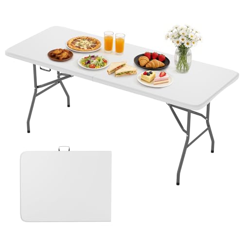 BestOffice 6 FT Picnic Table, Portable Plastic Folding Table with Carrying Handle Perfect for Picnics, Parties, Party and Camping, White - color: White, size: 6 FT 70"x28"