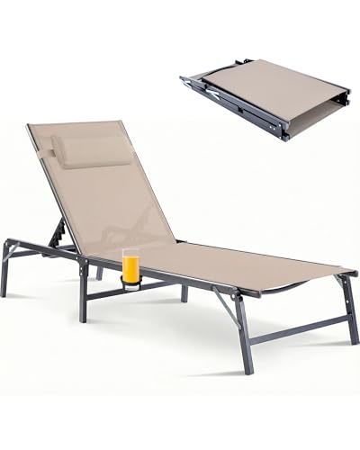 Foldable Chaise Lounge Chair with Cup Holder, Assemble-Free Outdoor Lounge Chair with Detachable Pillow and 6 Adjustable Backrest, Patio Lounge Chair for Outside Poolside Beach Pool, Khaki - color: Khaki, size: 1-Pack