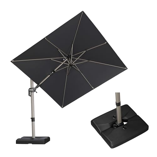 PURPLE LEAF 8' X 8' Left-right Tilting Patio Umbrella with Base Outdoor Swivel Cantilever Offset Aluminum Umbrella with Champagne Frame and 360-degree Rotation for Garden Deck Pool, Grey - color: Gray, size: 8' x 8'(Tilt)