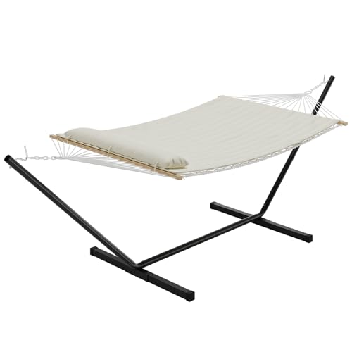 2 Person Double Hammock with Iron Frame Stand,475Lb Capacity,Portable Rope Hammock for Garden, Camping, and Relaxation, Beige - color: Beige
