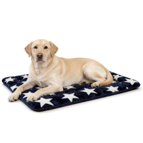 Washable Dog Bed Mat With Anti-Slip Bottom, Deluxe Plush Memory Foam Crate Pad & Waterproof Outdoor Kennel Mat For Dogs & Cats-Durable Crates Beds, Large Medium Small Puppy Size 36" x 24",Blue - color: Blue-Star, size: Upgraded L（36" L x 24" W x 1.5" Th）