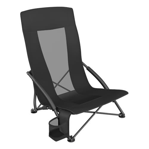 SONGMICS Portable Beach Chair for Adults, Max. Load 330 lb, High Backrest, Cup Holder, Lightweight, Heavy-Duty, Black UGCB61BK - color: Black, style: 1 Pack