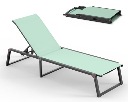Aluminum Chaise Lounge Chair Outdoor, Foldable& No Assembly Patio Pool Lounge Chairs 5-Position Recliner for Outside, Fully Grounded Legs Sun Lounger for Poolside, Light Green - color: Light Green, size: 1