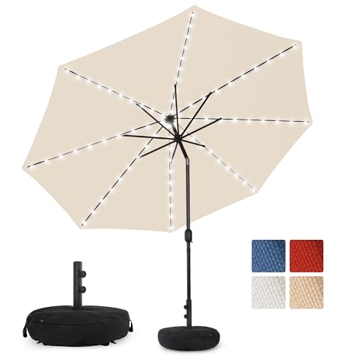 Sundale Outdoor Olefin 5-Year-Non-Fading Solar 80 LED 9 FT Solar Patio Umbrella with Sand Bag Base, Outdoor Umbrella with Tilt and Crank, Beige - color: Beige, size: 9FT