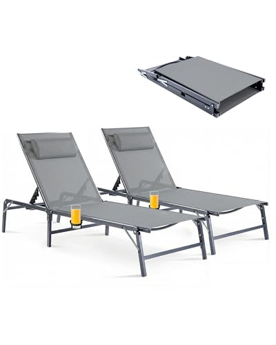 2 Pack Foldable Chaise Lounge Chair with Cup Holder, Assemble-Free Outdoor Lounge Chair with Detachable Pillow and 6 Adjustable Backrest, Patio Lounge Chair for Outside Poolside Beach Pool, Grey - color: Grey, size: 2-Pack