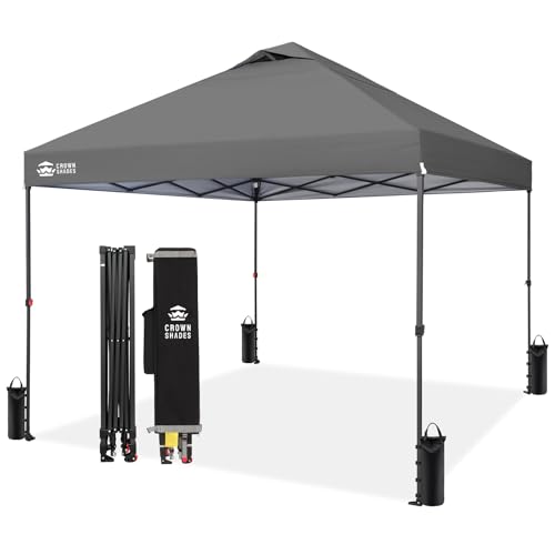 CROWN SHADES 10x10 Pop Up Canopy Tent - Patented Center Lock One Push Instant Outdoor Canopy Beach Tent with STO-N-Go Bag 8 Stakes & 4 Sand Bags，Grid Grey - style: Grid Grey
