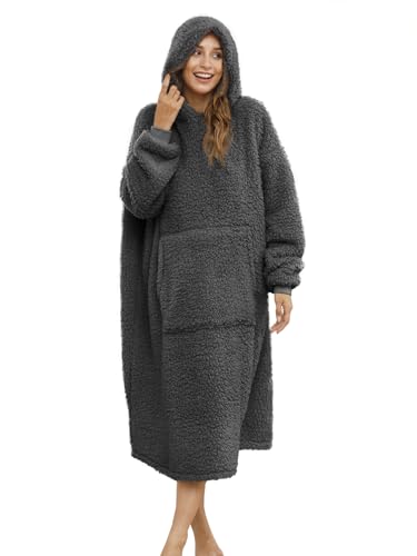 Sherpa Wearable Blanket Oversized Hoodie Sweatshirt TV Blanket with Long Sleeves and Pocket (DarkGray, One Size) - color: Darkgray