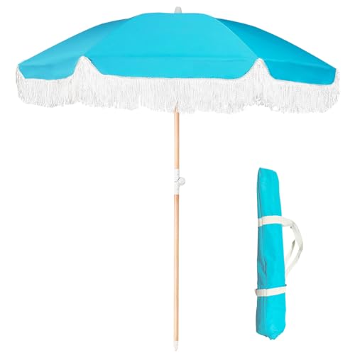 Lefedrasticity Boho Outdoor Umbrella with Tassels,6ft Table Umbrella Outdoor Patio with Knobs Tilt,Wind Resistant Portable Beach Umbrella UPF50+ Fringe Umbrellas For Pool Backyard Deck Garden - color: Blue Green