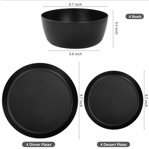 EI 12pcs Wheat Straw Dinnerware Set of 4,Plates and Bowls Sets,Plastic Plate Reuasble Unbreakable,Heavy Duty Plastic Plates for Camping,Picninc,Family Dinner - color: Black Wheat Straw Plates and Bowls
