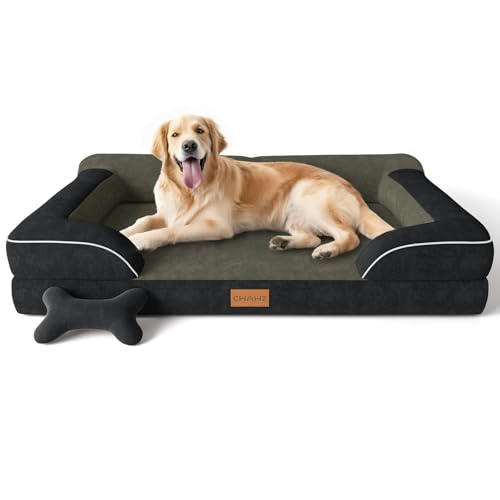 CWAWZ Extra Large Dog Bed, Orthopedic Dog Bed with Cooling Gel Memory Foam, Waterproof XL Pet Bed with Removable Washable Cover, 42" Pet Sofa Couch Dutch Velvet with Bone Toy, Black - color: Black, size: X-Large(42"L x 30"W x 9.5"Th)