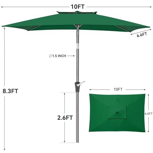 6.6 x 10 ft Rectangular Patio Umbrella, Outdoor Market Table Umbrella with Push Button Tilt and Crank, Double-Tier Vent, 6 Ribs, Rectangle Patio Umbrella for Backyard, Deck, Pool, Fits 4–6 Chairs and Tables (Dark Green) - color: Dark Green