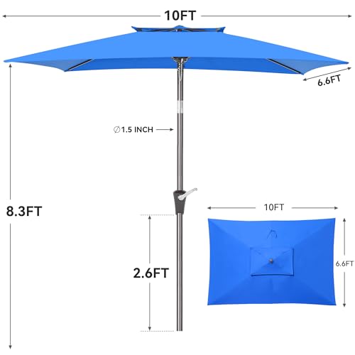 6.6 x 10 ft Rectangular Patio Umbrella, Outdoor Market Table Umbrella with Push Button Tilt and Crank, Double-Tier Vent, 6 Ribs, Rectangle Patio Umbrella for Backyard, Deck, Pool, Fits 4–6 Chairs and Tables (Blue) - color: Blue