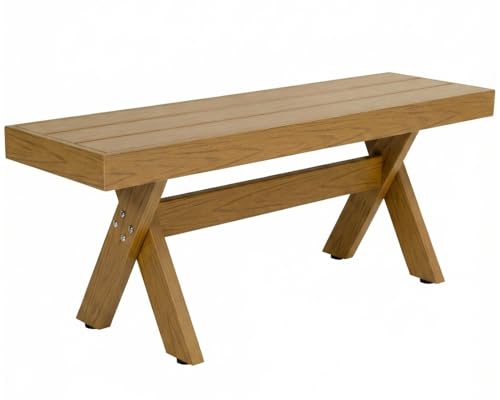 44.5" HIPS Outdoor Dining Bench, X-Shaped Modern Backless 2-Person Seating, All-Weather Patio Bench with Wood Grain Texture, Easy Assembly, Teak - color: Teak, size: 1 Bench