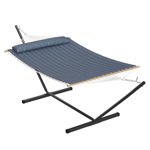 Double Hammock with Stand, Heavy Duty 475 lbs 2-Person Cotton Rope Hammock with Reversible Quilted Pad & Hardwood Spreader Bars, Portable Easy Assembly for Outdoor & Indoor Use, Gray