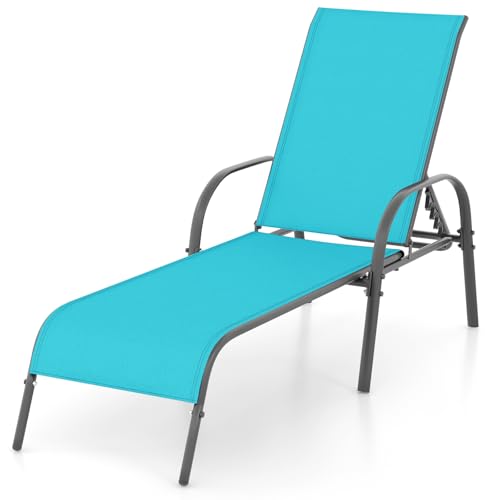 Giantex Patio Lounge Chair, Outdoor Chaise Lounge with 5 Adjustable Backrest, Sturdy Steel Frame, Sunbathing Recliner, Tanning Chair for Beach, Outside, Yard, Balcony, Pool Chairs (1,Turquoise) - color: Turquoise