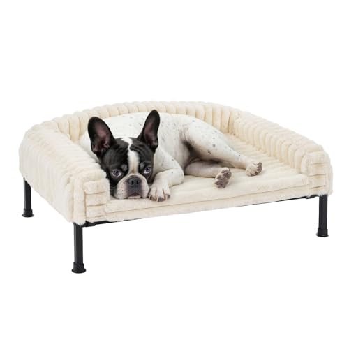 Veehoo Elevated Dog Bed with Bolster Cushion, Fluffy Plush Dog Couch Beds for Small Dogs, Cats, Washable Raised Pet Cot with Non-Slip Feet for Indoor or Patios Use, 24 x 18 Inches, White - color: White, size: 24.0"L x 18.0"W x 8.3"Th