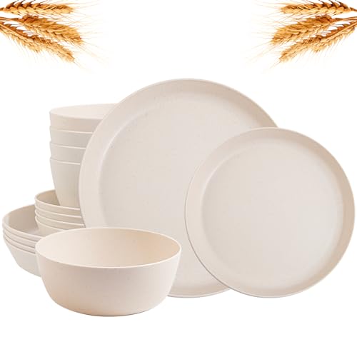EI 12pcs Wheat Straw Dinnerware Set of 4,Reusable Plastic Plates,Unbreakable Dinner Plates,Deep Dinner Hard Premium Plastic Plate,Microwave Dishwasher Safe for Camping,Picninc,Family Dinner - color: Beige Wheat Straw Plates and Bowls