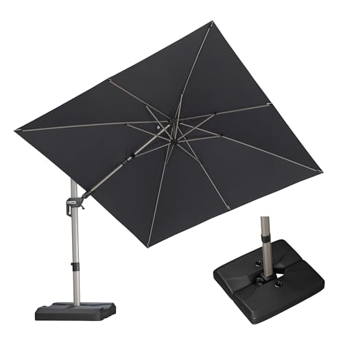PURPLE LEAF 10' X 10' Left-right Tilting Patio Umbrella with Base Outdoor Swivel Cantilever Offset Aluminum Umbrella with Champagne Frame and 360-degree Rotation for Garden Deck Pool, Grey - color: Gray, size: 10' x 10'(Tilt)