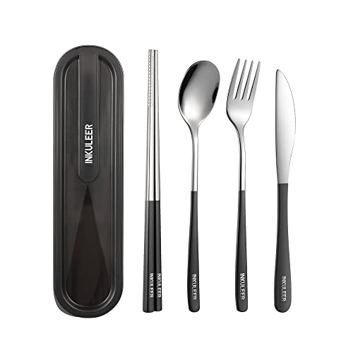 Travel cutlery set, 18/8 stainless steel cutlery, Reusable utensils set with case, Portable Silverware Lunch Box for Camping and Office (Black/knife set) - color: Black
