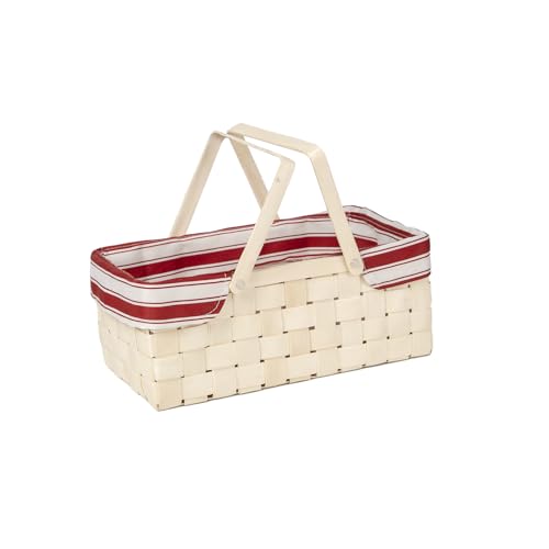 Bamboo Picnic Basket with Handle，Natural Woodchip Basket with Washable Lining for Camping（14X7.5X5.5inches） (Red) - color: Red