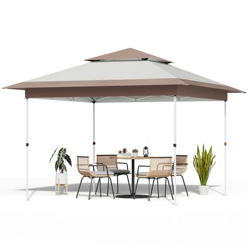 TLSUNNY 12X12 Pop Up Canopy Tent, Camping Shader W/Overhanging Eaves & Sand Bag, Outdoor Gazebo Shelter W/One Push Setup & Wheeled Bag, Height Adjustable, for Patio, Market, Party (Khaki, 12FTX12FT) - color: Khaki, size: 12FTX12FT