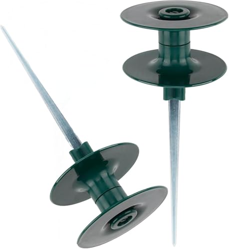 FONTOI 10 Inch Garden Hose Guide Spike, Rust Free Zink Sturdy Metal Stake, Heavy Duty Dark Green Spin Top, Keeps Garden Hose Out of Flower beds, for Plant Protection Greenhouse, Yard Lawn, 2PCS - color: ‎Dark Green A