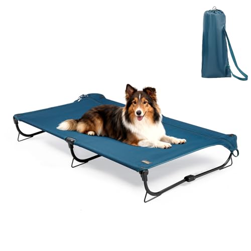 CANINE CANYON Folding Raised Dog Cot, Large Outdoor Elevated Dog Bed, Cooling Chew Proof Pet Cots Bed, Portable, Heavy Duty Up to 160 lbs, Pet Cot for Camping, Home, Dark Blue, 43"x27"x7" - color: Blue, size: Large