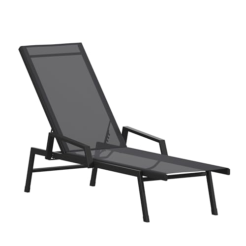 Flash Furniture Brazos Adjustable Chaise Lounge Chair with Arms, All-Weather Outdoor Five-Position Recliner, Black/Black - color: Black/Black, size: Set of 1