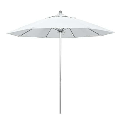California Umbrella 9' Round Aluminum/Fiberglass Umbrella, Push Open, Silver Pole, Olefin White Fabric - color: White