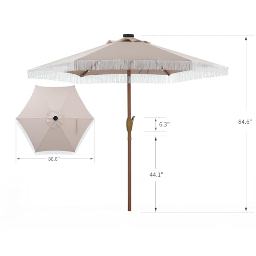 GDY 7.5ft Tassel Patio Umbrella and Matching Base, Outdoor Table Umbrella with 18 LED Lights,Market Umbrella with 6 Sturdy Ribs, with Push Button Tilt and Crank, Camel - color: Camel+18 Lights, size: Umbrella+Base
