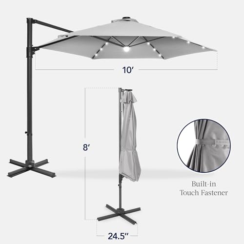 Best Choice Products 10ft Solar LED Offset Cantilever Hanging Market Patio Umbrella, Smooth 360° Rotation, 8 Sturdy Ribs, Easy Adjustment - Fog Gray - color: Fog Gray, size: Offset w/ 360° Rotation