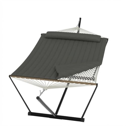 Garvee 2 Person Portable Double Hammock for Outdoor with Pillow, Heavy Duty Portable Hammock with Adjustable Steel Stand for Patio, Garden, Beach, Backyard - color: Dark Gray, size: T-shaped Bracket