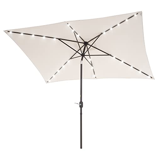 Rectangle Patio Umbrella with Solar Lights, 10 x 6.5ft Rectangular Outdoor Umbrella Table Market Patio Umbrella with Push Button Tilt and Crank for Garden, Deck, Backyard, Pool - color: Beige