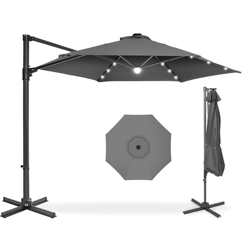 Best Choice Products 10ft Solar LED Offset Cantilever Hanging Market Patio Umbrella, Smooth 360° Rotation, 8 Sturdy Ribs, Easy Adjustment - Gray - color: Gray, size: Offset w/ 360° Rotation