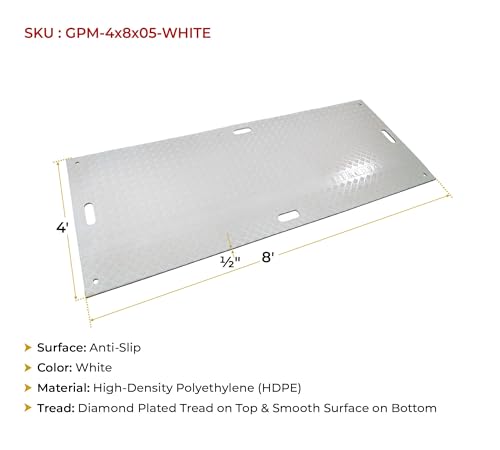 Mytee Products 4' x 8' White Ground Protection Mats with Diamond Plated Tread Design - High Density Polyethylene Mat, Easily Supports 90 Ton Loads on Lawns, Dirt, and Any Other Areas - color: White, size: 1 - Pack