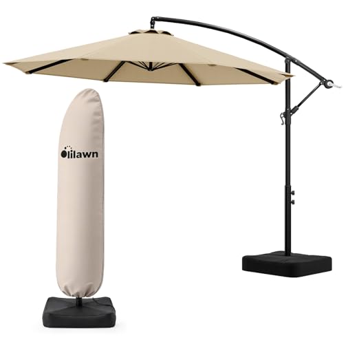 OLILAWN Cantilever Offset Patio Umbrellas, Outdoor 10 feet Large Patio Umbrella with Base Included, Upgraded Yarn-dyed Fabric Shade, Sturdy 8 Rids, 360 Degree Rotation & Easy Tilt Adjustment, for Pool Deck Porch Backyard Garden - color: Buff, size: 10FT w
