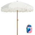 AMMSUN Boho Fringe Umbrella with Beach Blanket, 6.5ft UPF50+ Picnic Umbrella with Tassels with Steel Pole & Push Button Tilt, Antique White - color: Antique White with Colorful Blanket